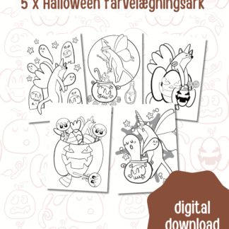 5 søde og lidt uhyggelige farvelægningsark med halloween tema. digital download