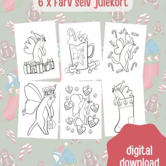 farv selv julekort med enhjørningekattesommerfugle digital download